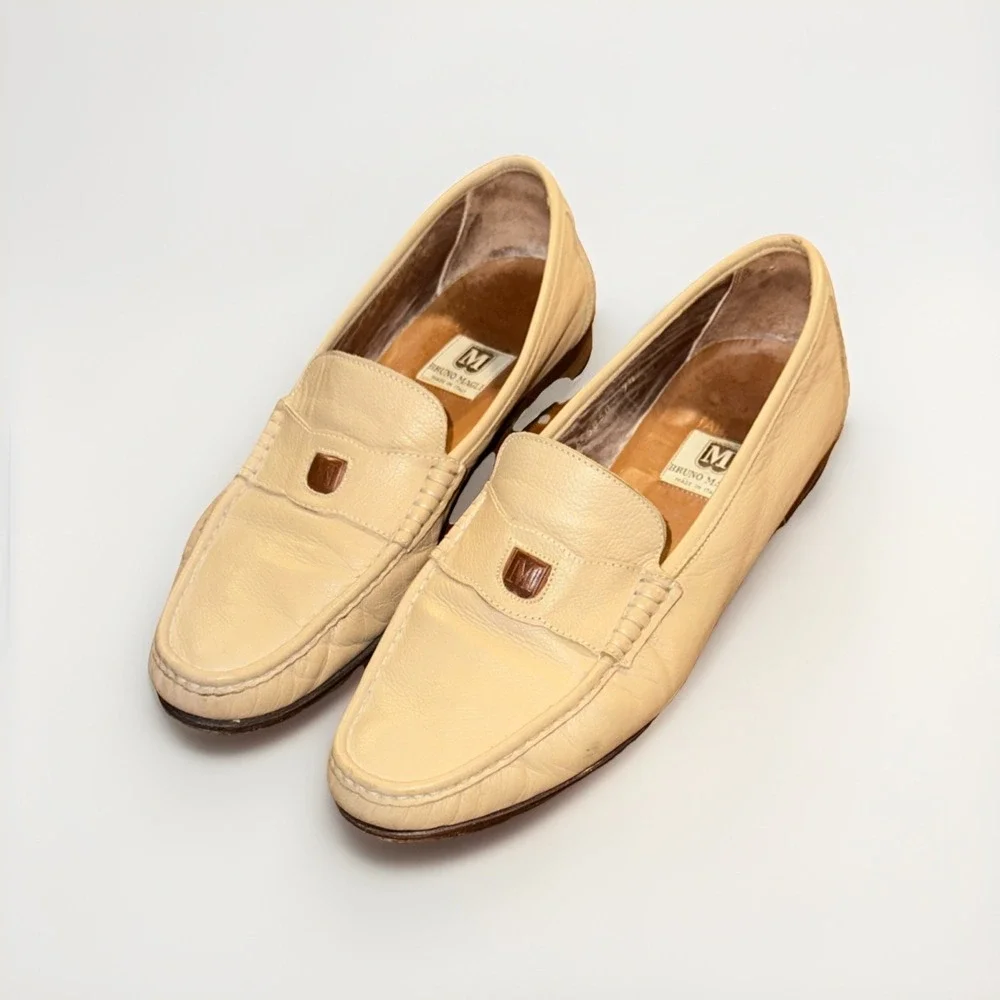 VINTAGE‎ Bruno Magli  Beige Leather Stitching Square Toe Men's Loafers 9.5 M